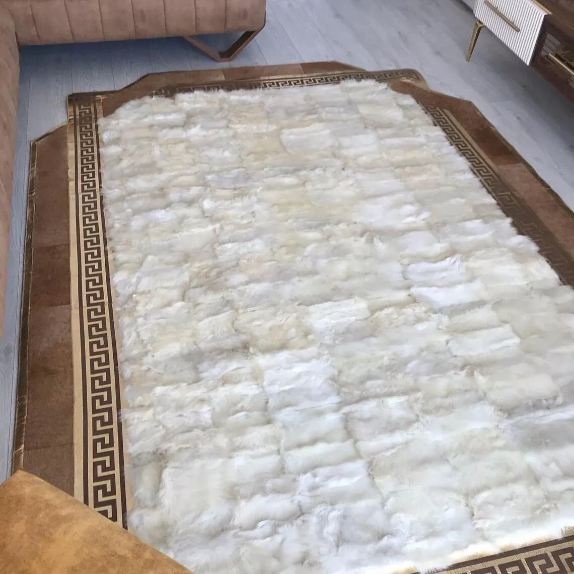 100%Natural Handmade White Brown Large Living Room Rug , Sheepskin Rug