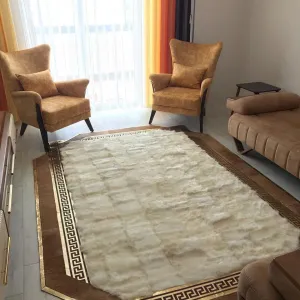 100%Natural Handmade White Brown Large Living Room Rug , Sheepskin Rug