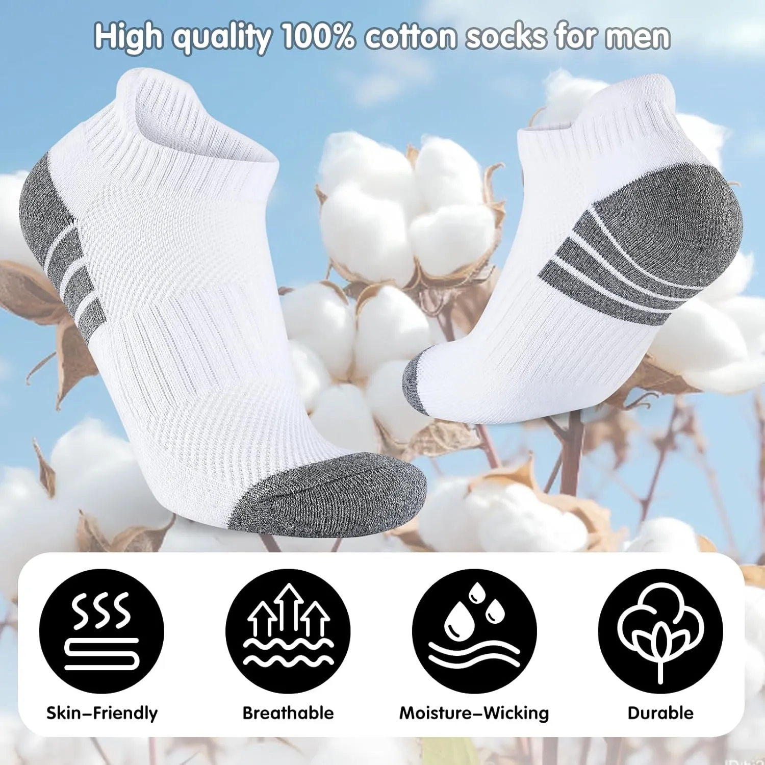 7 Pairs Mens 100% Cotton Cushioned Ankel Socks, Athletic Performance Running Moisture Wicking Breathable Low Cut Socks