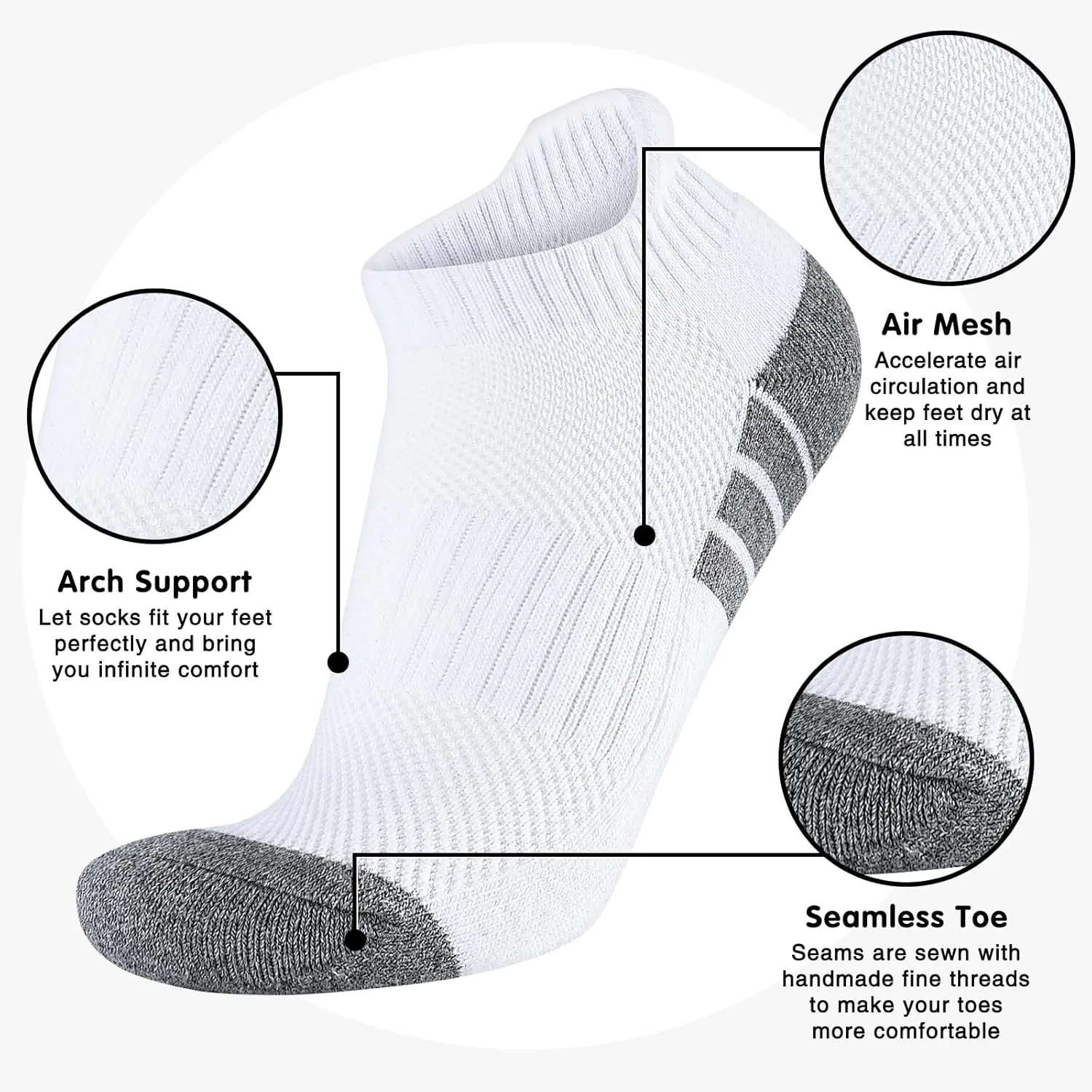 7 Pairs Mens 100% Cotton Cushioned Ankel Socks, Athletic Performance Running Moisture Wicking Breathable Low Cut Socks
