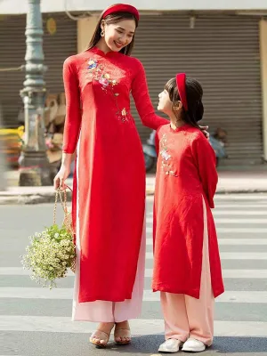 Family Ao Dai Mom And Daughter Red Includes One Ao Dai Top And Pants