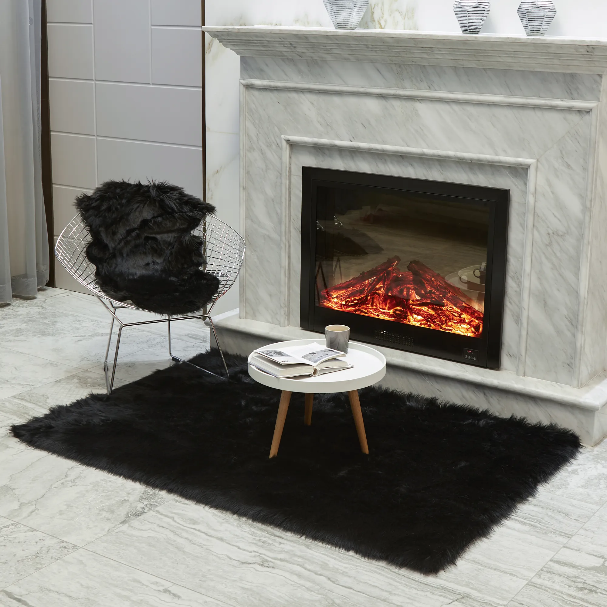 Faux Fur Long Pile Shaggy Area Rug (Size 120 x 180 cm, Black)