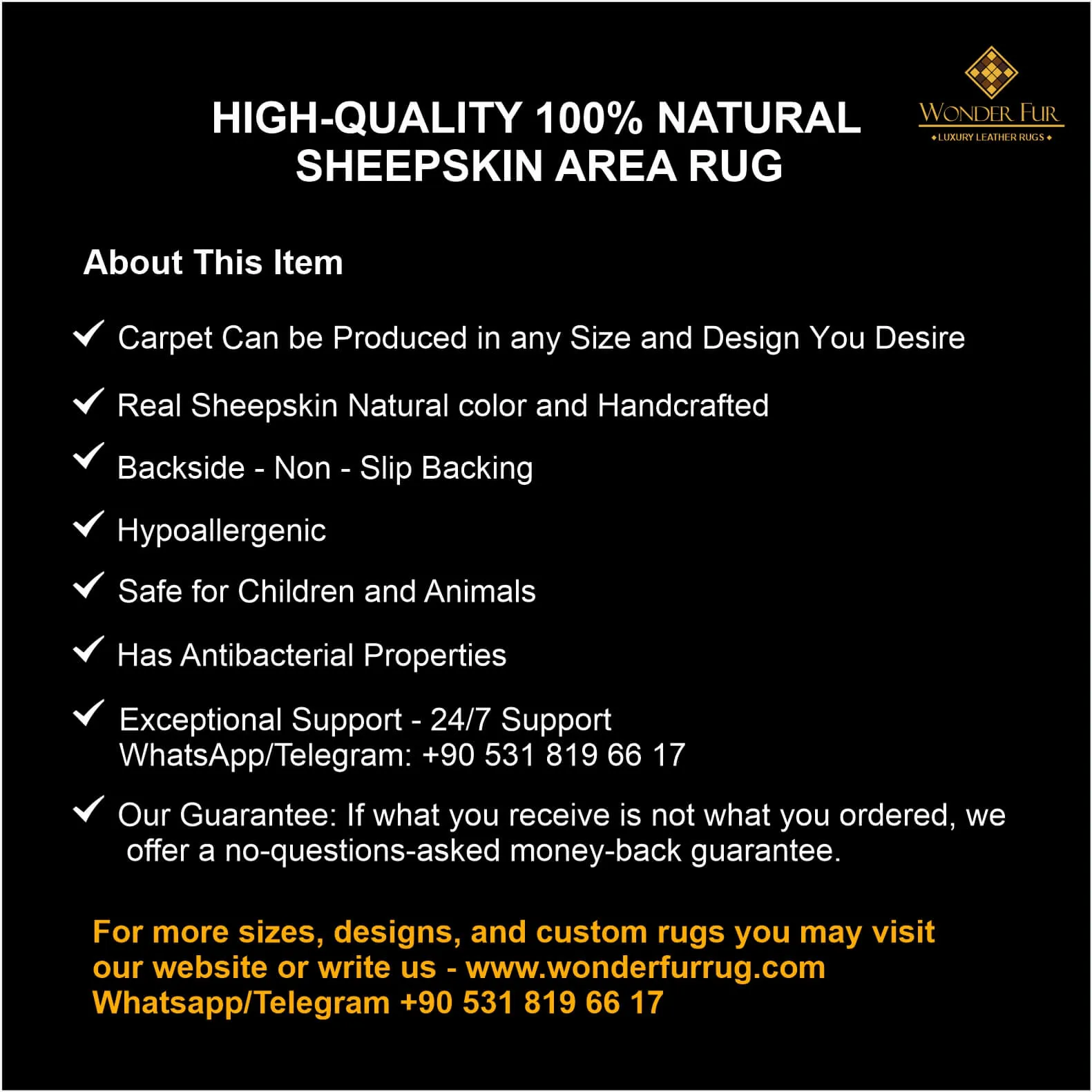 Handmade Natural Large Sheepskin Black Gold Living Room Rug , Soft Rug
