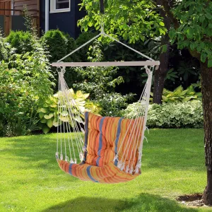 Hanging Hammock Chair Cotton Rope Cushioned Chair Garden Yard Patio Swing Seat Wooden Cotton Cloth, Orange