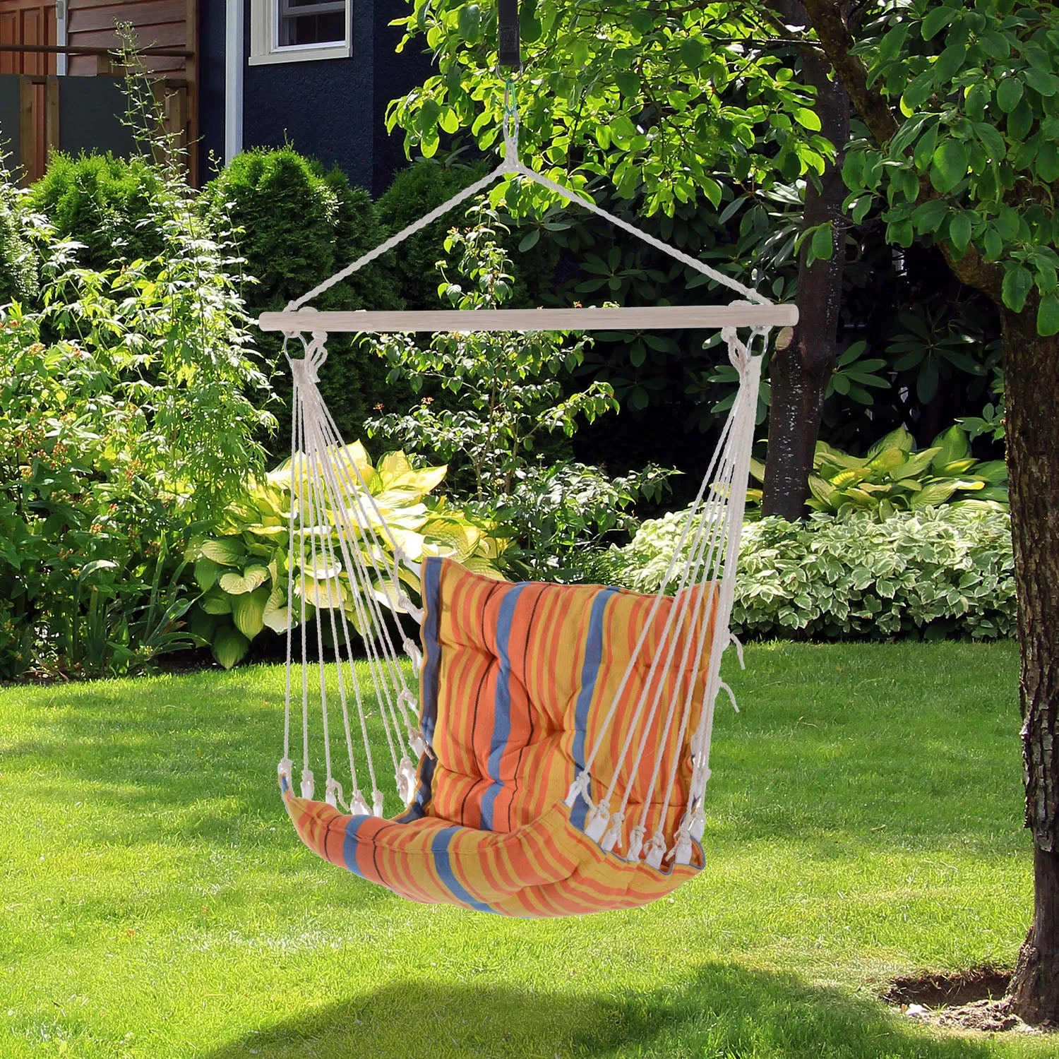 Hanging Hammock Chair Cotton Rope Cushioned Chair Garden Yard Patio Swing Seat Wooden Cotton Cloth, Orange