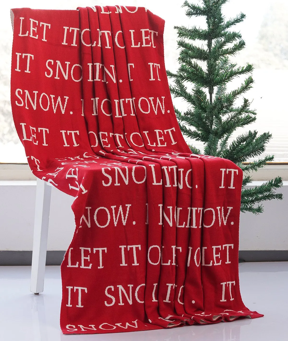 Let it Snow - Red 100% Cotton Knitted All Season AC Throw Blanket