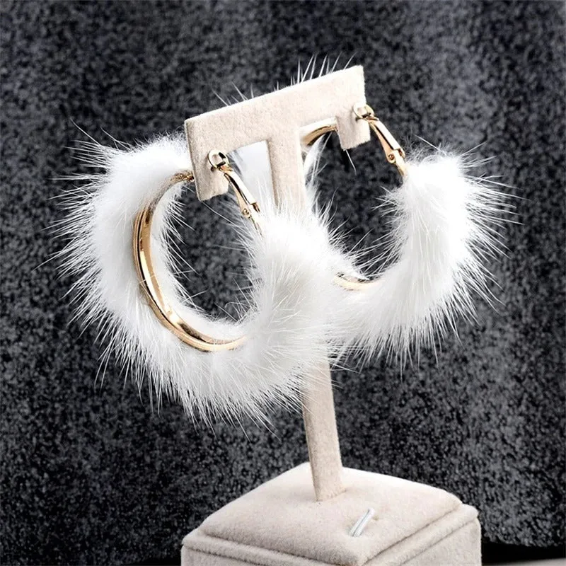 Luxuriously Soft and Large Mink Fur Hair Hoop Earrings