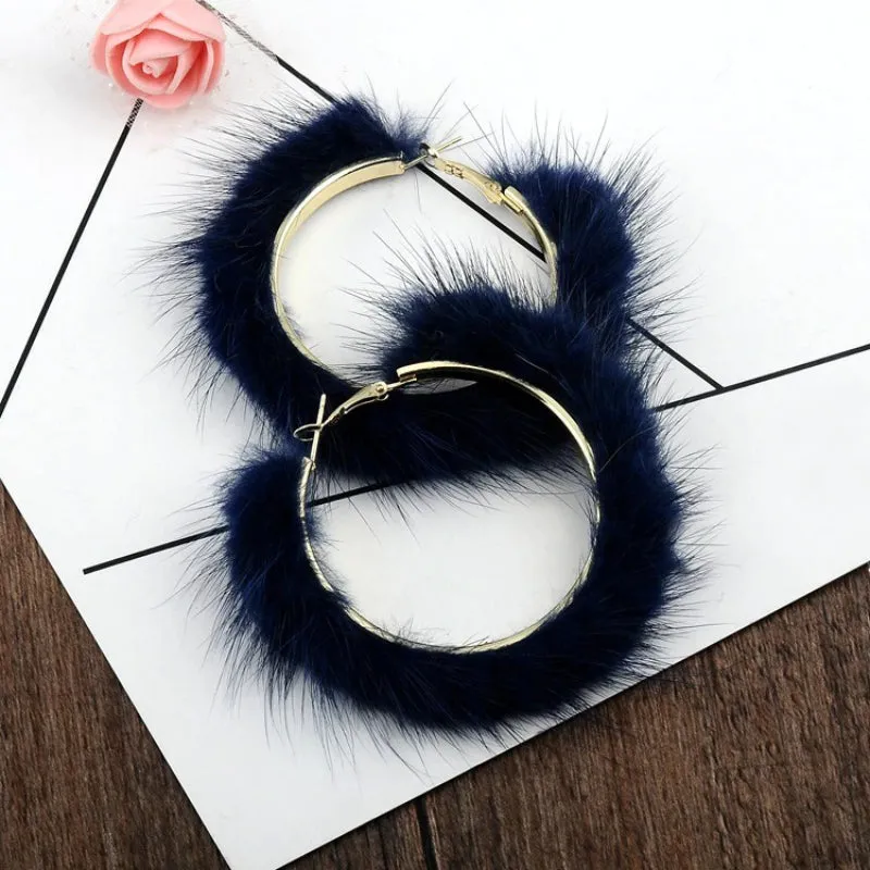 Luxuriously Soft and Large Mink Fur Hair Hoop Earrings