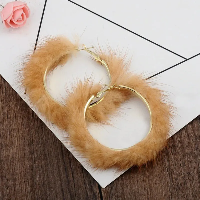 Luxuriously Soft and Large Mink Fur Hair Hoop Earrings