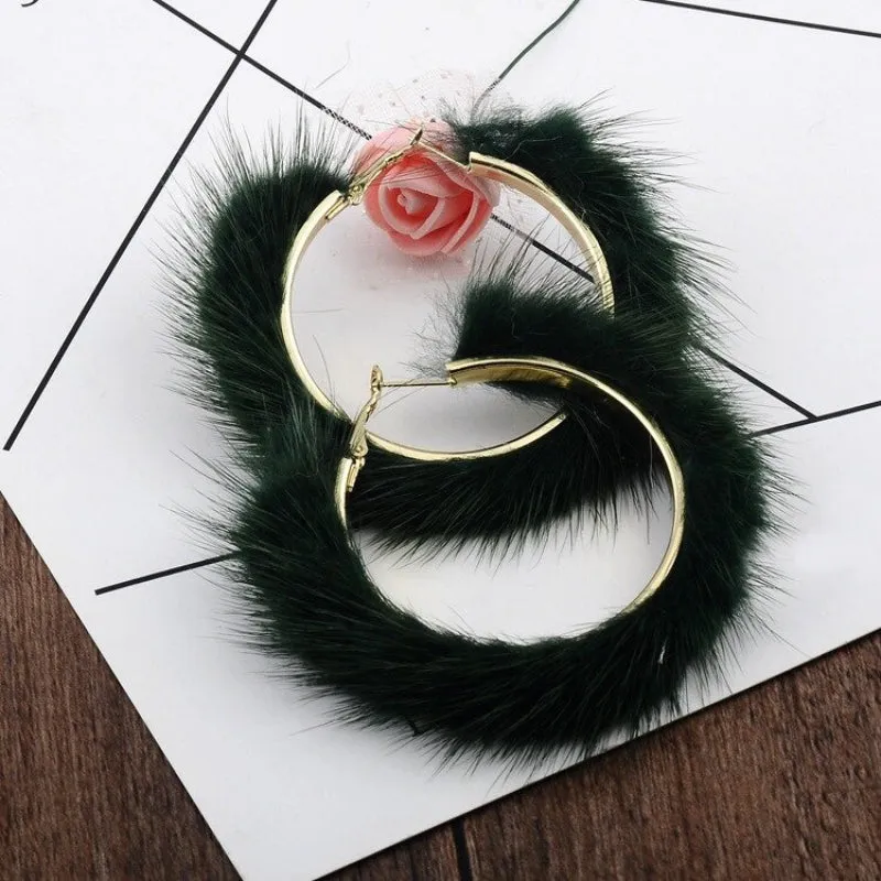 Luxuriously Soft and Large Mink Fur Hair Hoop Earrings