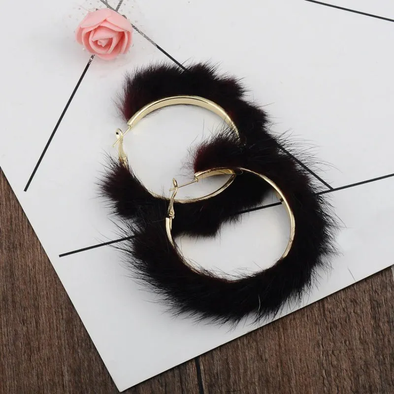 Luxuriously Soft and Large Mink Fur Hair Hoop Earrings