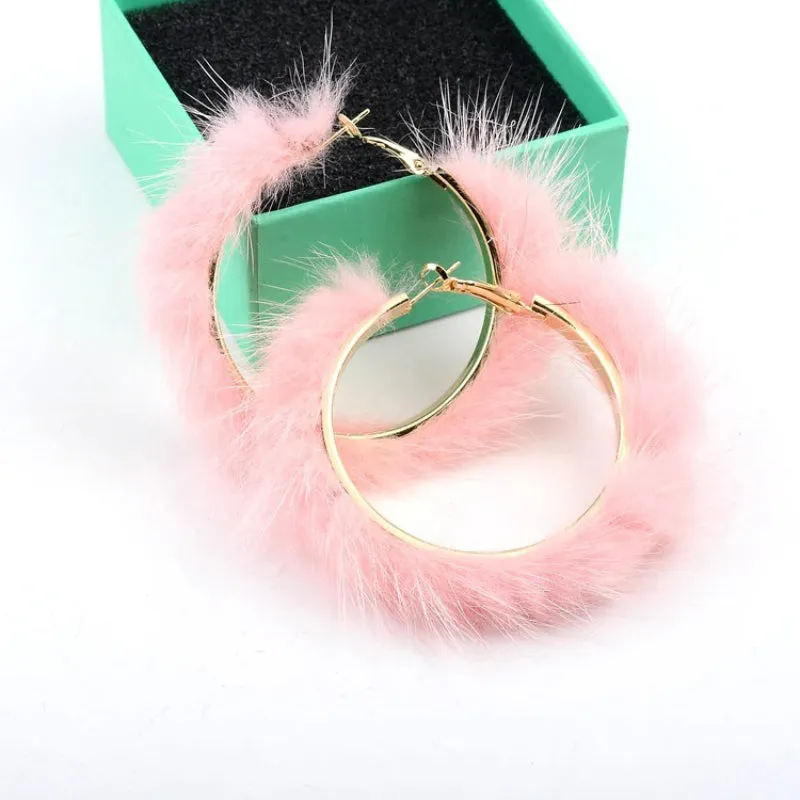 Luxuriously Soft and Large Mink Fur Hair Hoop Earrings
