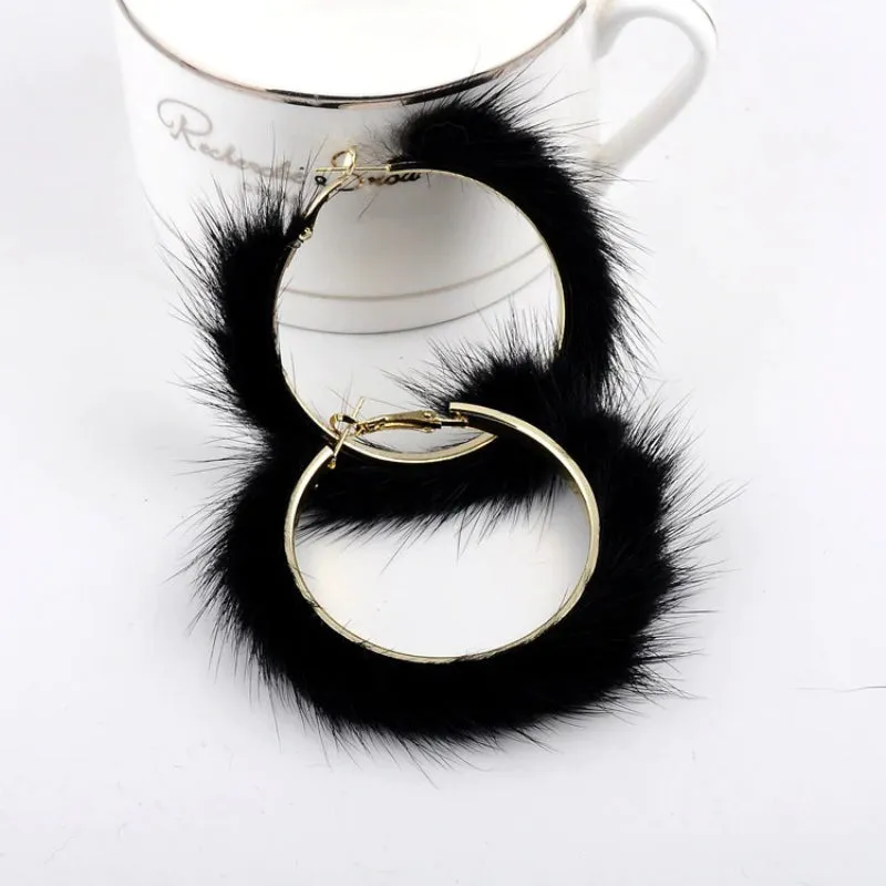 Luxuriously Soft and Large Mink Fur Hair Hoop Earrings