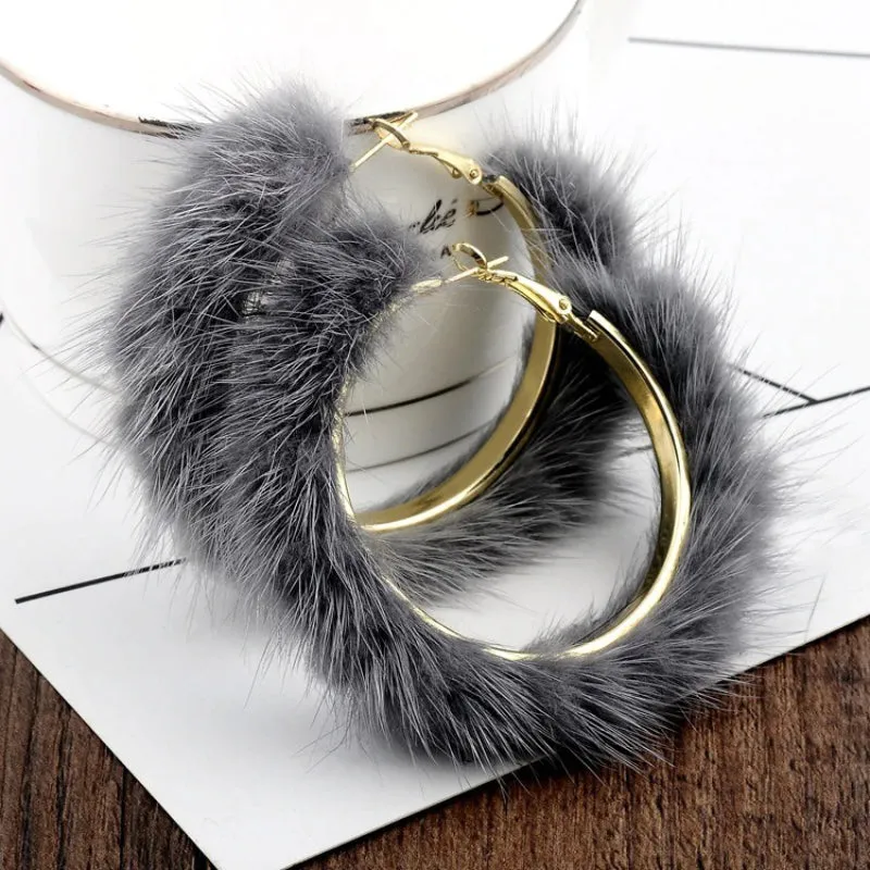 Luxuriously Soft and Large Mink Fur Hair Hoop Earrings