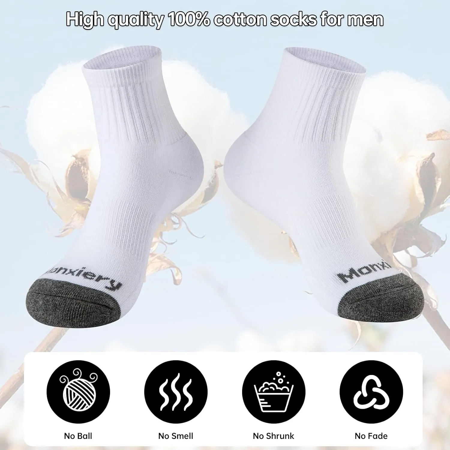 Mens 100% Cotton Cushioned Ankel Socks, Athletic Performance Running Moisture Wicking Breathable Quarter Socks
