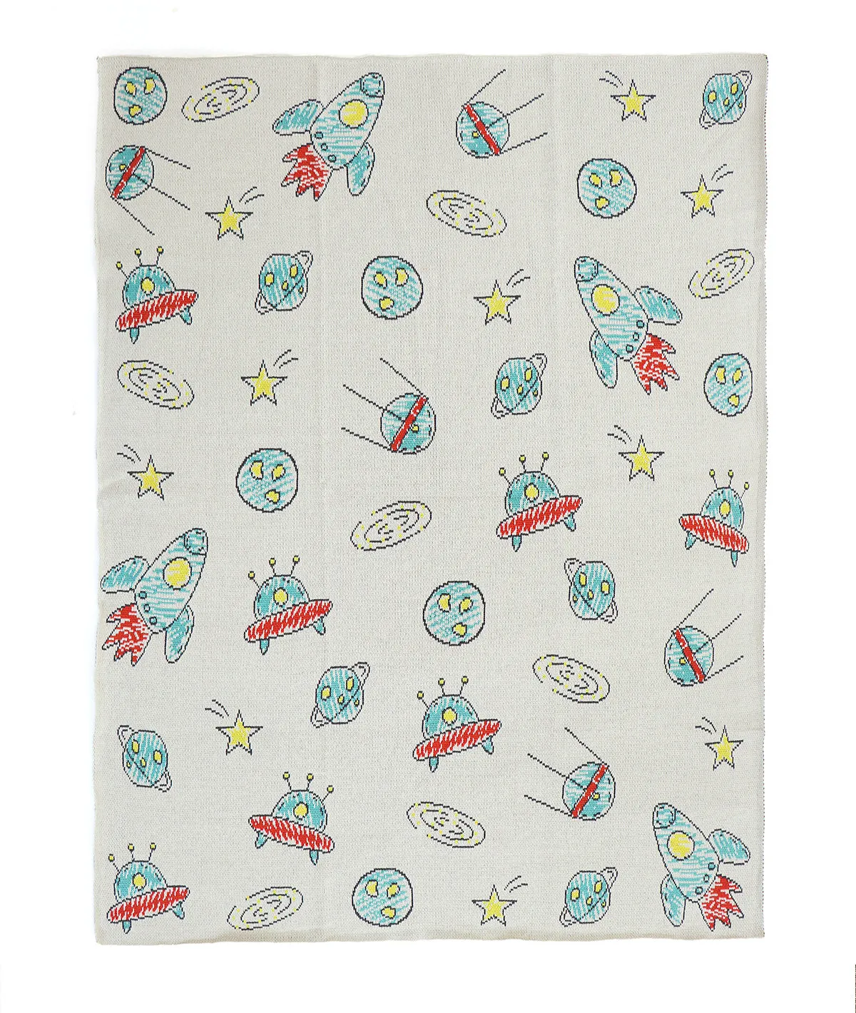 Navigating My Spaceship Multi Color Cotton Knitted AC Blanket For Kids For Use In All Seasons
