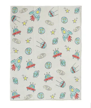 Navigating My Spaceship Multi Color Cotton Knitted AC Blanket For Kids For Use In All Seasons