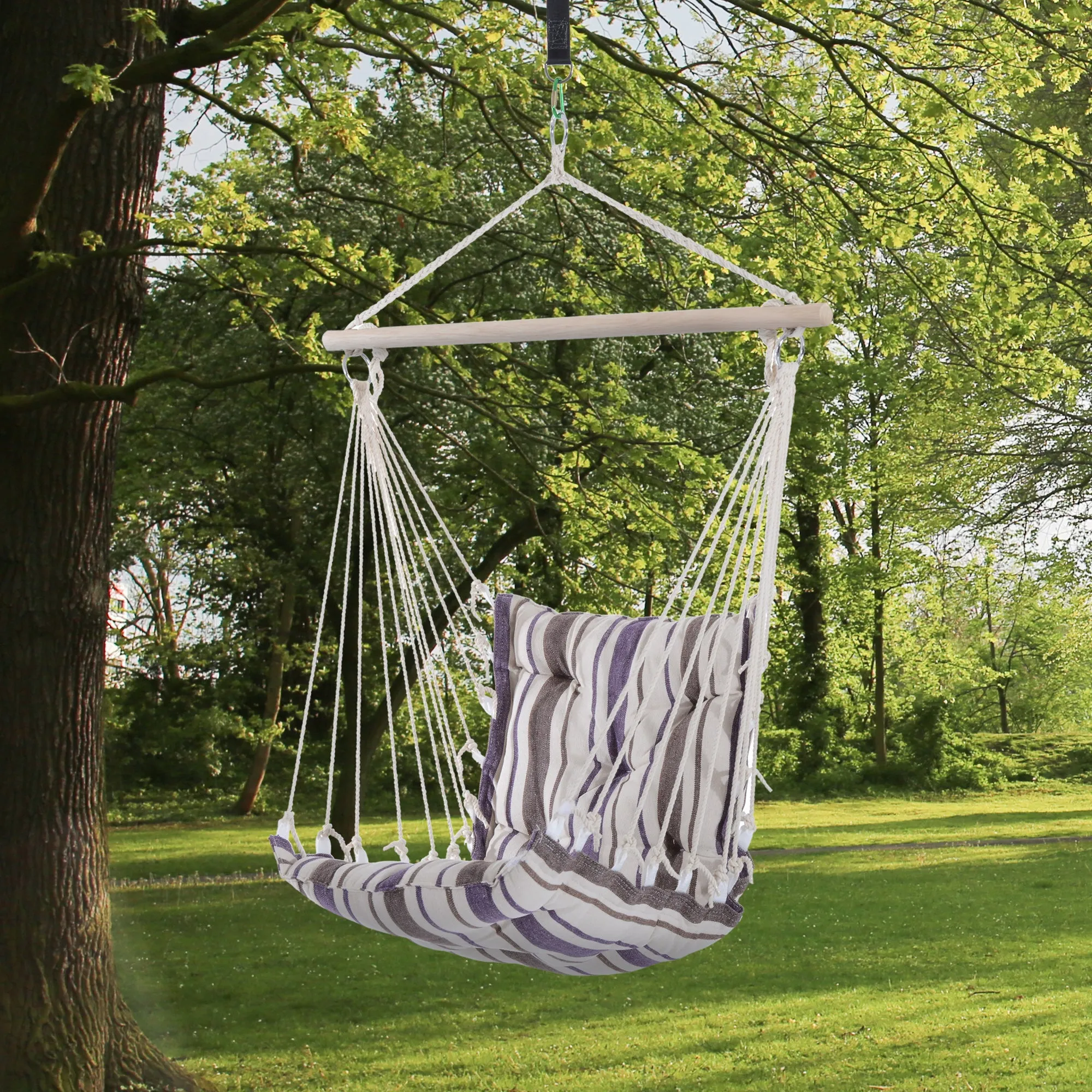 Outdoor Hammock Hanging Rope Cushioned Chair Garden Yard Patio Swing Seat Wooden Cotton Cloth (Brown)