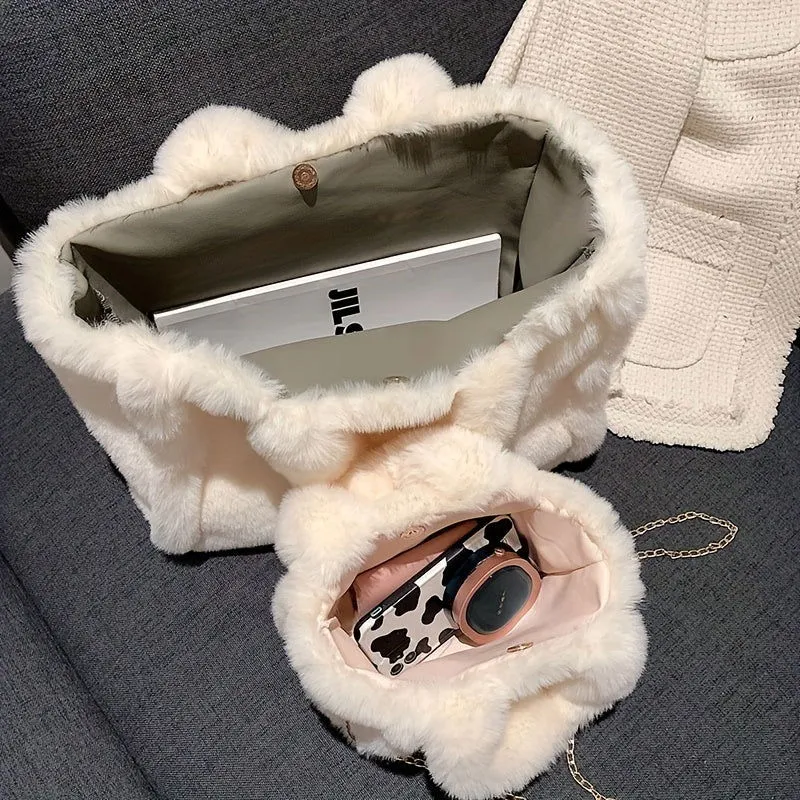 Soft Plush Fuzzy Trendy Winter Shoulder Tote Handbags