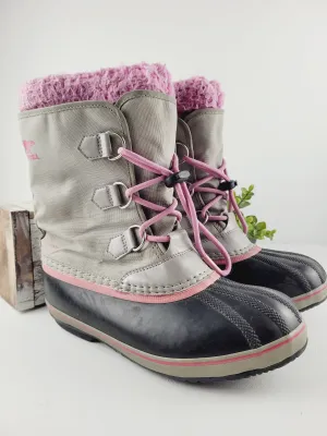 SOREL WINTER BOOTS GREY/PINK YOUTH SIZE 6 PRE-LOVED