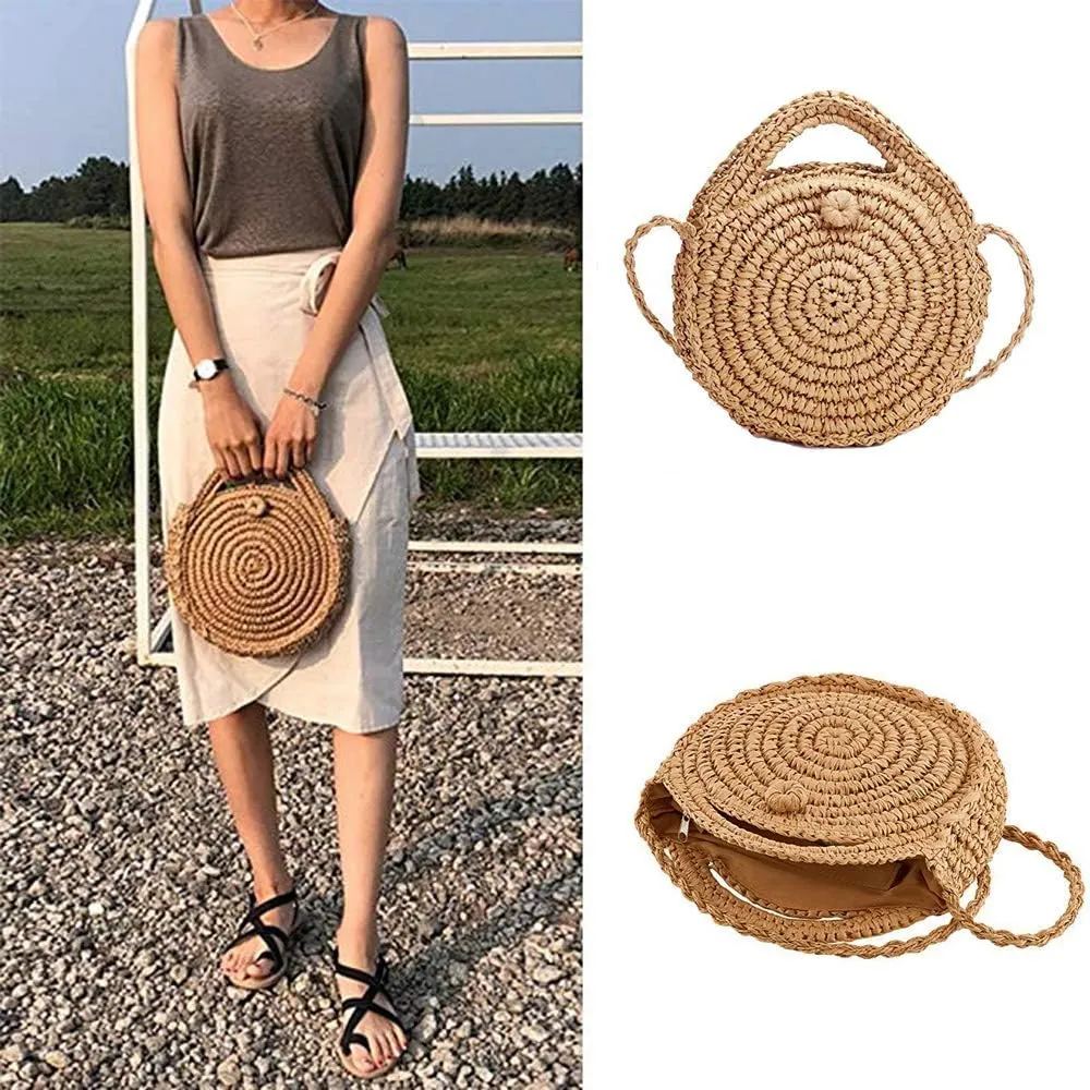 Teeya Straw Crossbody Bag Women Weave Shoulder Bag Round Summer Beach Purse and Handbags