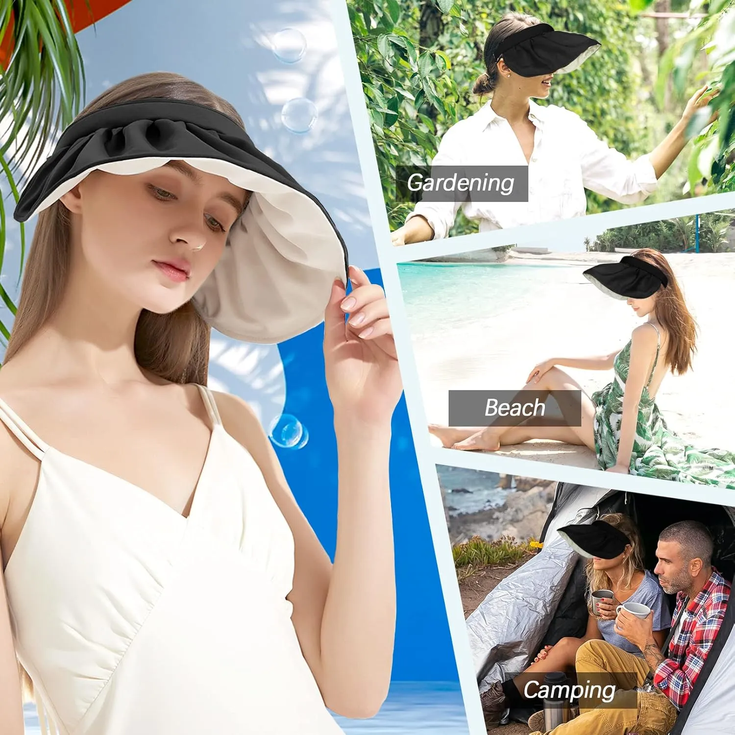 Womens Visors,Clip On Foldable Wide Brim Womens Golf Visor,Roll-up Headband Sun Hat with UV Protection