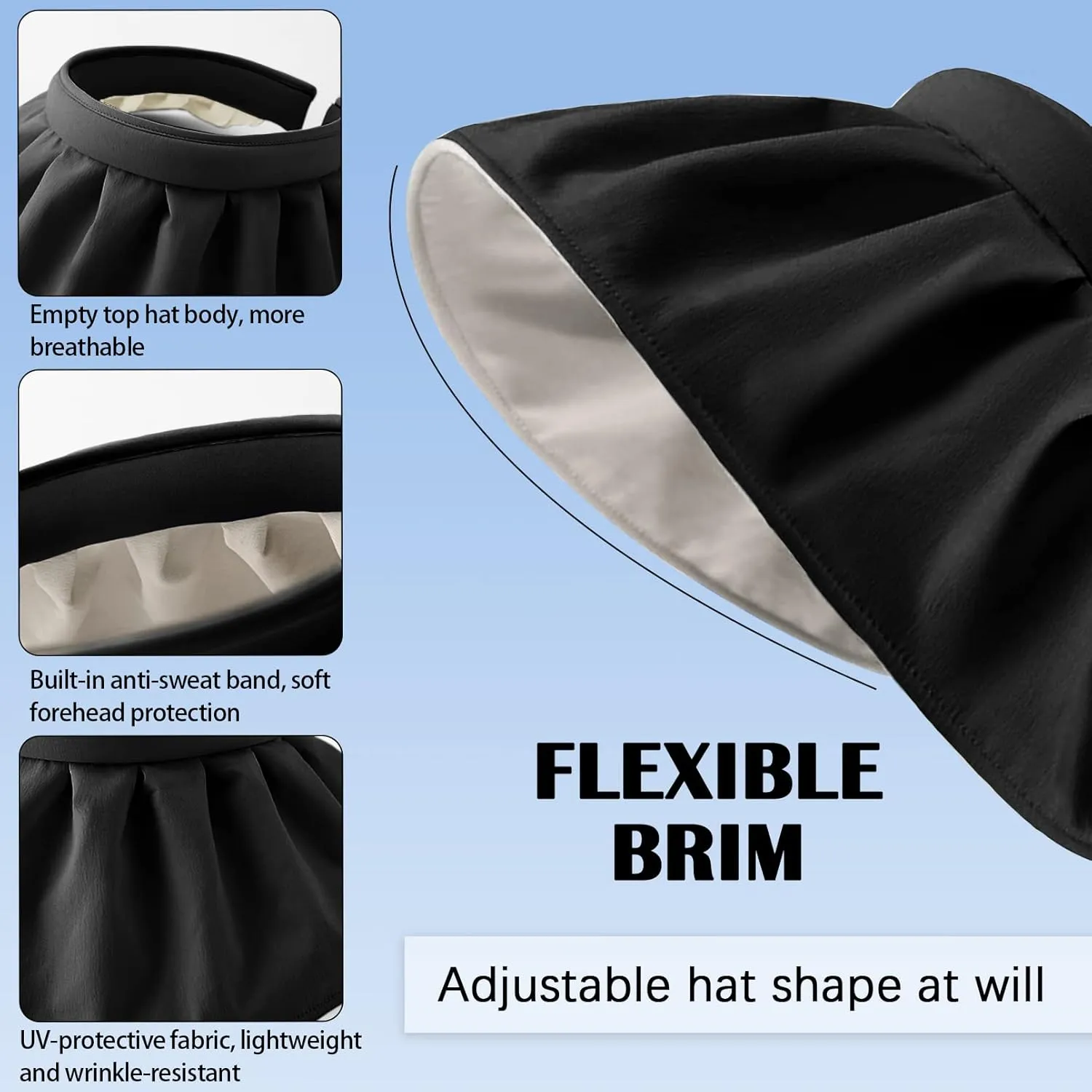 Womens Visors,Clip On Foldable Wide Brim Womens Golf Visor,Roll-up Headband Sun Hat with UV Protection