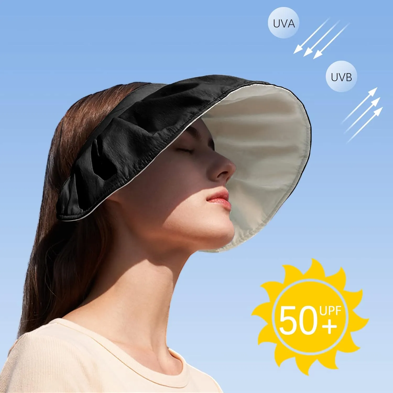 Womens Visors,Clip On Foldable Wide Brim Womens Golf Visor,Roll-up Headband Sun Hat with UV Protection